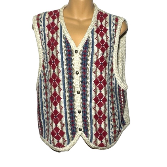 VTG Cable Knit Sweater Vest Womens LP Liz Claiborne Argyle Granny Cottage 90s - Picture 1 of 6